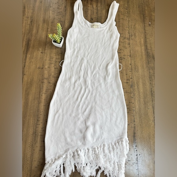 White Sleeveless Dress with Fringe Hem Cotton blend - Picture 1 of 7